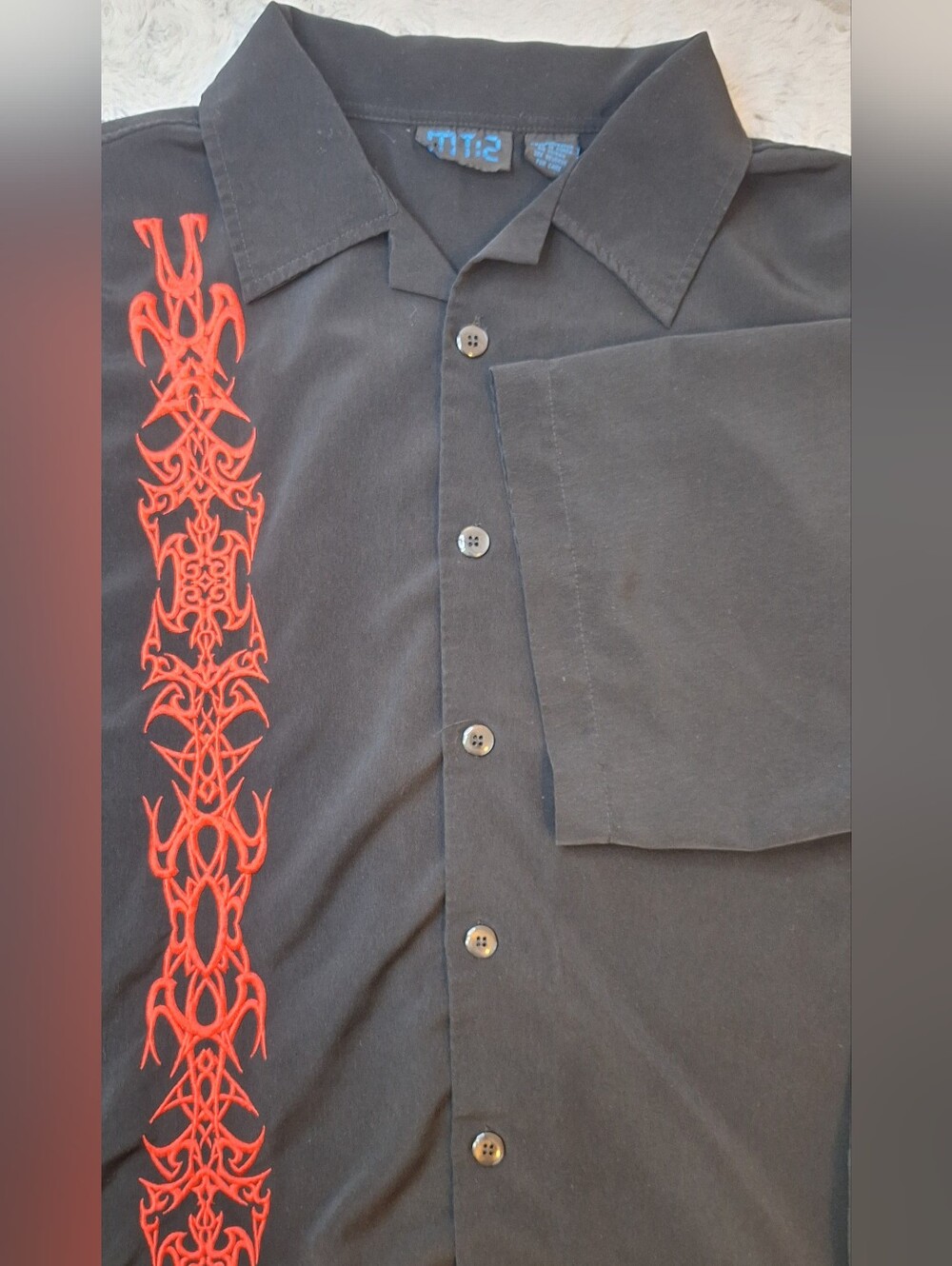 Vintage MT:2 Black Button Up Shirt with Red Tribal Cyber Embroidery Size XL